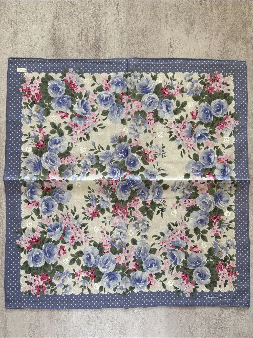 Vintage Dior Polka Dot Border Floral Scarf in Blue, Pink, Green and Cream